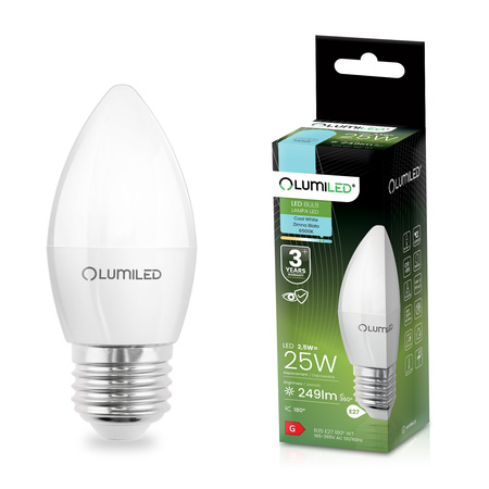LED Lampen E27, Glühbirne B35 2.5W = 25W 249lm 180° 6500K kalt LUMILED