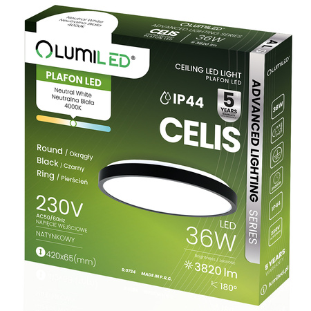 LED Decke Plafond Aufputz 36W 4000K CELIS Rund IP44 Schwarz Ring ALS LUMILED