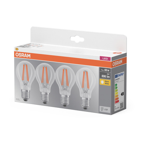 4x LED-Lampe A60 E27 7W = 60W 806lm 2700K Warm 300° BASE Osram