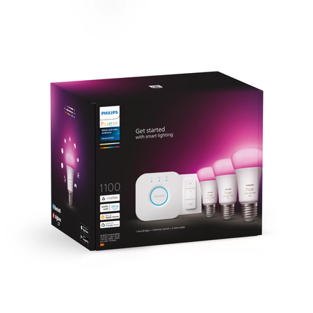 3PAK LED-Glühbirne E27 A60 9W CCT RGB PHILIPS HUE White & COLOR Ambiance Bluetooth Zigbee + Hue Bridge + Dimmerschalter
