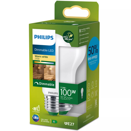 LED-Lampe E27 A60 7.3W = 100W 1535lm 210lm/W 2700K Warm 300° Dimmbar CLASS A UltraEfficient Philips