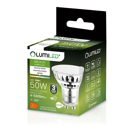 10x LED Lampen GU10, Glühbirne aus Glass 6W = 50W 580lm 120° 4000K neutral LUMILED
