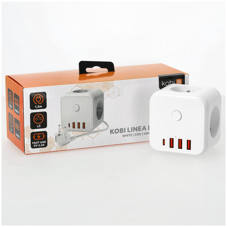KOBI LINEA PRO CUBE 3x230V Splitter mit Masse und Schalter + 4xUSB Weiß