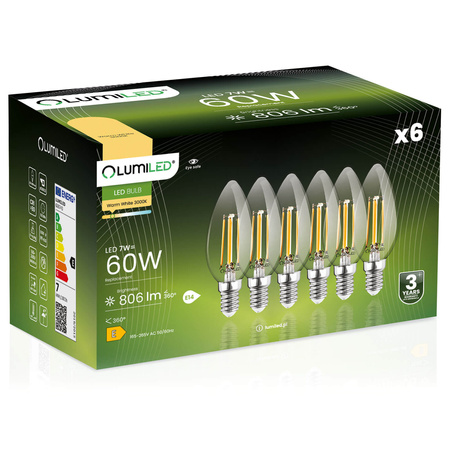 6x LED Lampen E14, Kerzenform Lampe B35 7W = 60W 806lm 360° 3000K warm Glühfaden LUMILED