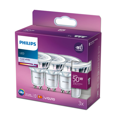 Set mit 3x LED-Halogenlampen GU10 PAR16 4,6W = 50W 390lm 4000K Neutral 36° PHILIPS