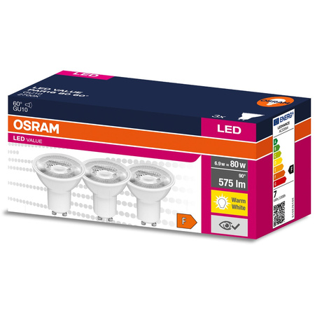 3x LED Leuchtmittel GU10 6,9W = 80W 575lm 2700K Warm 60° OSRAM VALUE