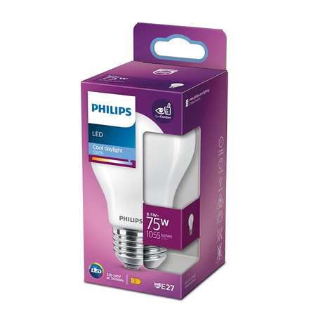 E27 A60 LED Lampen 8,5 W = 75 W, 1055 lm, 6500 K, kaltes Filament, milchig, PHILIPS