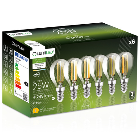 6x LED-Lampe E14 Ball P45 2W = 25W 249lm 4000K Neutral 360° FILAMENT LUMILED
