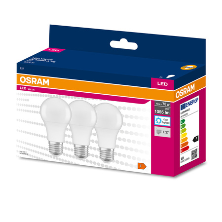 3x LED Lampe E27 A60 10W = 75W 1055lm 6500K Kalt 200° OSRAM Value