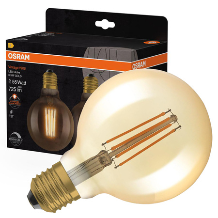 2x Dekorative Leuchtmittel E27 G95 6,5W = 55W 725lm 2400K warm 300° Filament dimmbar OSRAM Vintage 1906