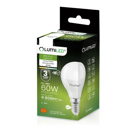 Lampen E14, Glühbirne P40 8W = 60W 806lm 4000K 180° neutral LUMILED