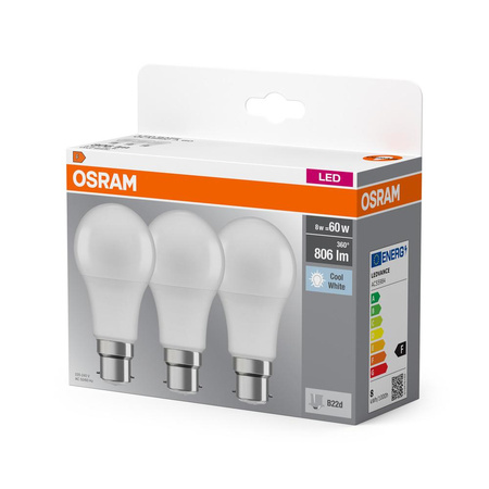 3x LED-Lampe A60 B22d 8W = 60W 806lm 4000K Neutral 150° BASE Osram
