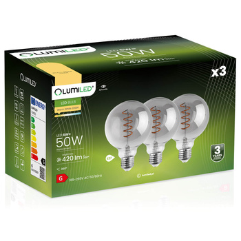 Set aus 3x dekorativen LED-Kugelbirnen E27 G95 6W = 50W 420lm 2200K Wärme 360° Filament LUMILED GLOBE Smokey