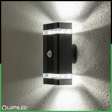 Gartenwandleuchte oben unten 2x GU10 Schwarz Bewegungs- und Dämmerungssensor HEDERA LUMILED