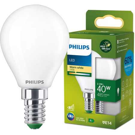 LED-Lampe E14 Ball P45 2.3W = 40W 485lm 210lm/W 2700K Warm 300° CLASS A UltraEfficient Philips