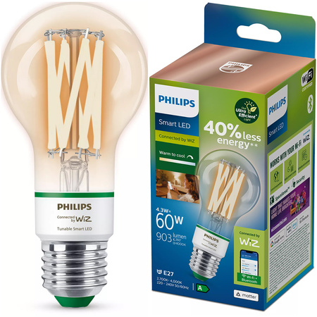 LED-Glühbirne E27 A60 4.3W = 60W 903lm 2700-4000K TW FILAMENT UltraEfficient Smart SMART WiFi Bluetooth App WiZ Philips