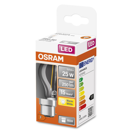 LED-Lampe P45 Ball B22d 2.5W = 25W 250lm 2700K Warm 300° Retrofit Glühfaden CLASSIC Osram