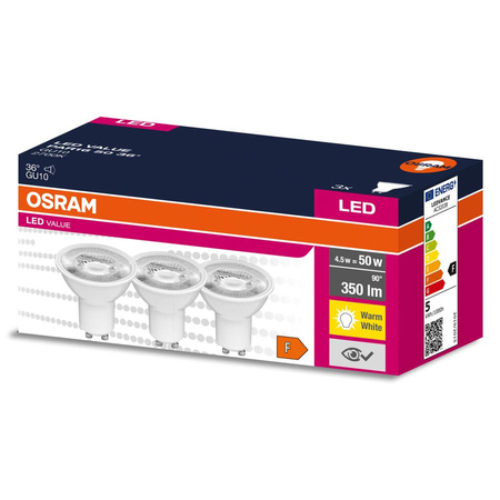 3x LED Leuchtmittel GU10 4,5W = 50W 350lm 2700K Warm 36° OSRAM VALUE