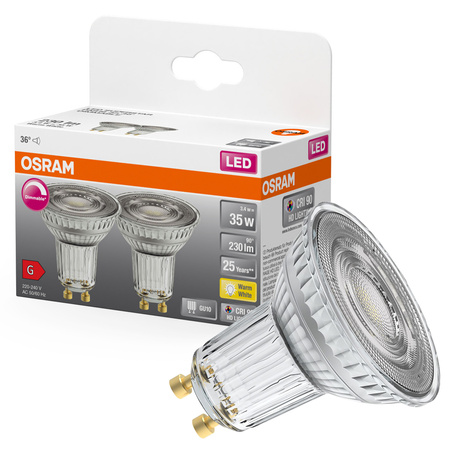 2x LED PAR16 Reflektor GU10 3.4W = 35W 230lm 2700K Warm CRI90 36° Dimmbar SUPERSTAR Osram
