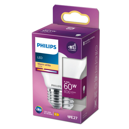 LED-Kugelbirne E27 P45 6,5W = 60W 806lm 2700K warmes Filament milchig PHILIPS