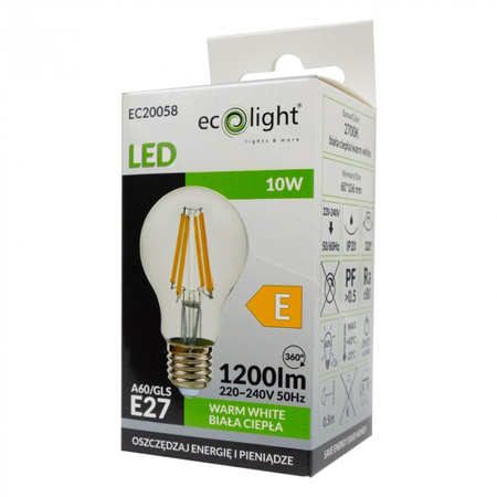 LED-Lampe A60 E27 10W 1200lm 2700K Warm FILAMENT Ecolight