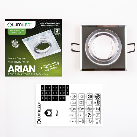 Glas-Einbaustrahler GU10, MR16 Einbauspot HALOGEN Quadrat beweglich ARIAN LUMILED