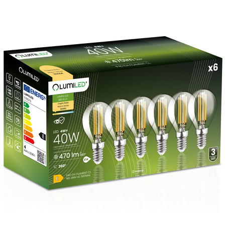 6x LED-Lampe E14 Ball P45 4W = 40W 470lm 3000K Warm 360° FILAMENT LUMILED