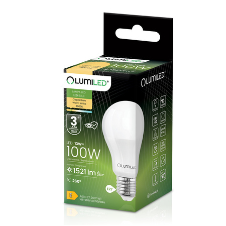 LED Lampen E27, Glühbirne A60 13W = 100W 1521lm 260° 3000K warm LUMILED