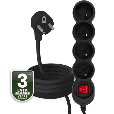 Netzverlängerungskabel Geerdete Steckdosenleiste 4 Steckdosen 3m ON/OFF Schalter Schwarz Lendo Lumiled Cord