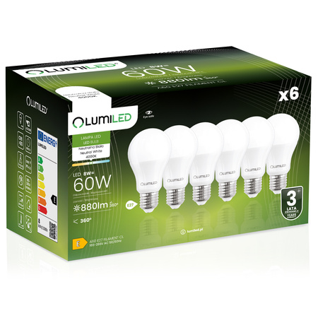 6x LED-Lampe E27 A60 8W = 60W 880lm 4000K Neutral 260° LUMILED