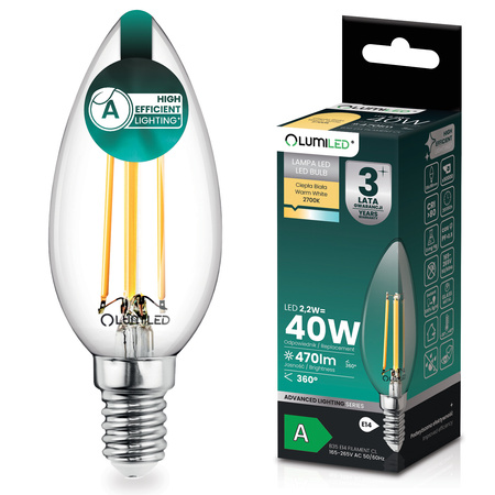 LED-Lampe E14 Kerze B35 2,2W 470lm = 40W 2700K warmweiß 360° Glühfaden CLASS A LUMILED