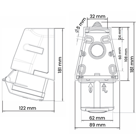 Feste Steckdose 32A 400V 5P IP44 Aufputz-Hermetik mit Klappe