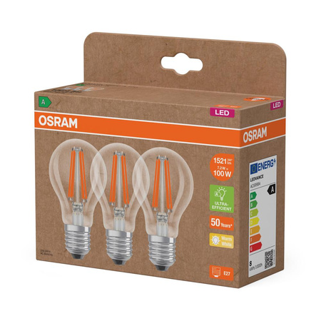 3x LED-Glühbirne A60 E27 7.2W = 100W 1521lm 2700K Warm 300° Filament CLASSIC ENERGY EFFICIENCY Osram