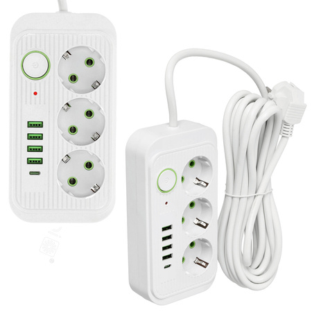 KOBI LINEA PRO Verlängerungskabel 3x230V 5m Masse, Schalter und 5xUSB Weiß