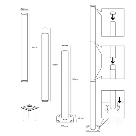 SG 3m Fi 60mm Schwarz Kobi Faltbarer Außenbeleuchtungsmast