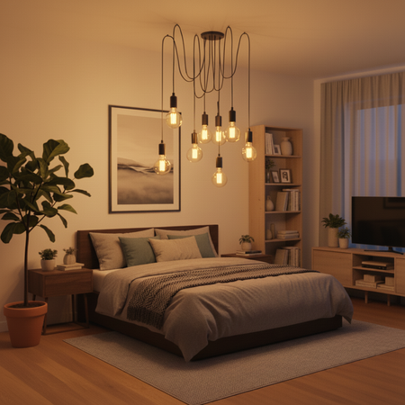 Pendelleuchte mit 8x E27-Sockeln einstellbare, Hängelampe Schwarz mit 8-fach Pendel Spinne Arane LUMILED