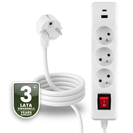 Netzverlängerungskabel geerdete Steckdosenleiste 3 Steckdosen 1,5m EIN/AUS Schalter Weiß USB + USB-C Kabel ELGER Lumiled