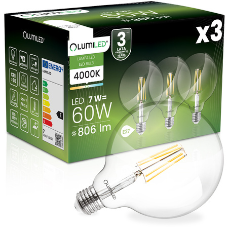 3x LED-Lampe E27 Sphere G125 7W = 60W 806lm 4000K Neutral 360° FILAMENT LUMILED