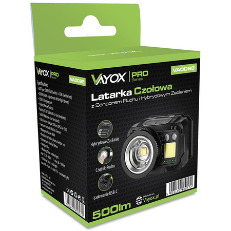 Kopf-Taschenlampe XPG3 + COB Zoom Hybrid-Netzteil VA0098 Vayox