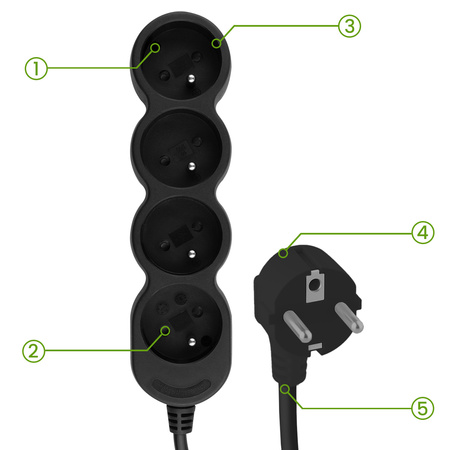 Netzverlängerungskabel Geerdete Steckdosenleiste 4 Steckdosen 3m Schwarzes Kabel Lendo Lumiled