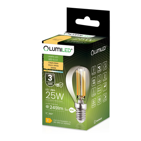LED Lampen E14 P40 2W = 25W 249lm 3000K Warm 360° Glühfaden LUMILED