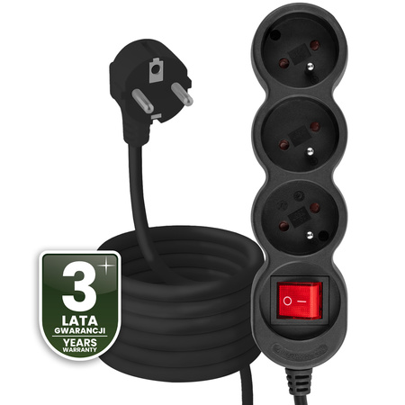Netzverlängerungskabel Geerdete Steckdosenleiste 3 Steckdosen 5m ON/OFF Schalter Schwarz Lendo Lumiled Cord