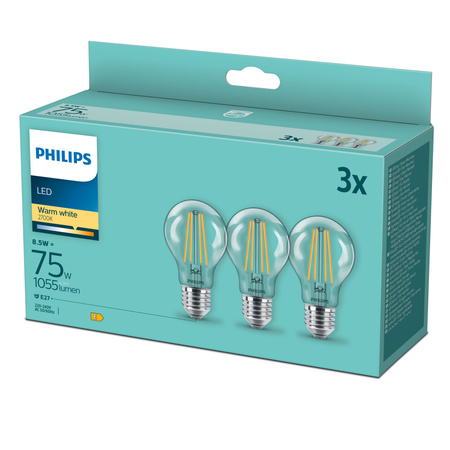 3x LED Lampen E27 A60 8.5W = 75W 1055lm 2700K Warm Glühfaden PHILIPS