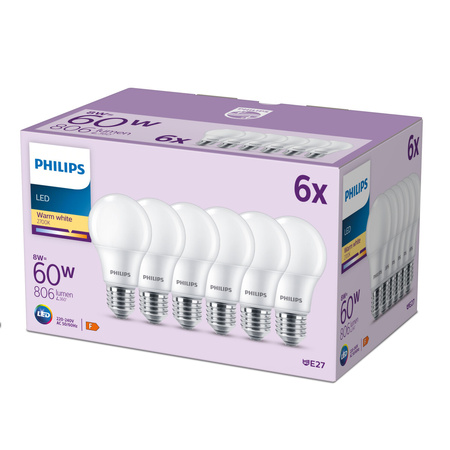 Set mit 6x LED-Lampe E27 A60 8W = 60W 806lm 2700K Warm 150° PHILIPS