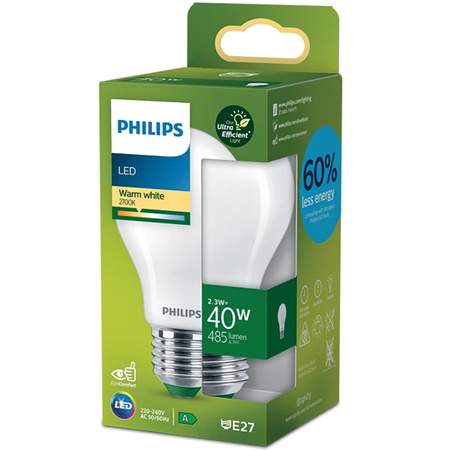 E27 A60 LED Lampen 2,3 W = 40 W, 485 lm, 2700 K, warmes Filament, milchig, PHILIPS, ultraeffizient