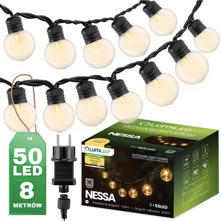 50x LED Außen-Lichterkette, Garten Lichterkette 8m 3000K NESSA LUMILED