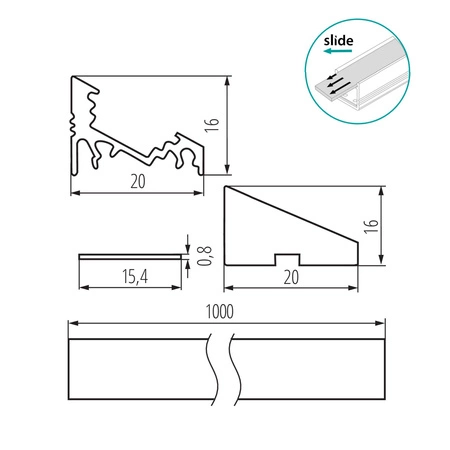 Aluminium-Eckaufsatzprofil PROFILO C 1m Silber mit mattiertem Schirm und Endkappen KANLUX