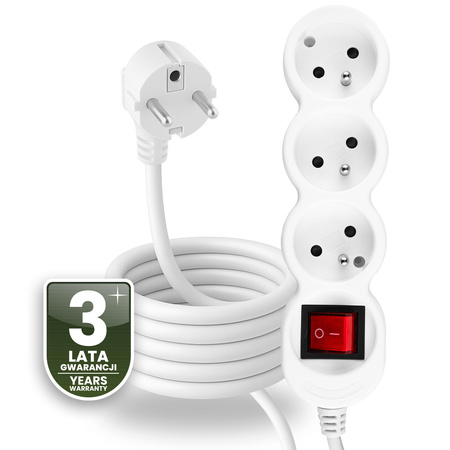 Netzverlängerungskabel Geerdete Steckdosenleiste 3 Steckdosen 3m ON/OFF Schalter Weißes Kabel Lendo Lumiled