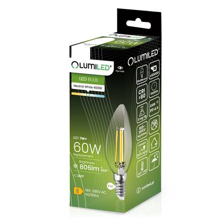 Lampen E14, Glühbirne B35 7W = 60W 806lm 4000K 360° neutral Glühfaden LUMILED