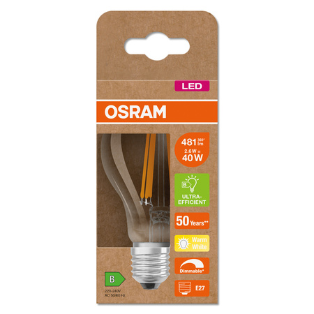 LED-Lampe A60 E27 2.6W = 40W 481lm 2700K Warm 300° Dimmbar CLASSIC Osram